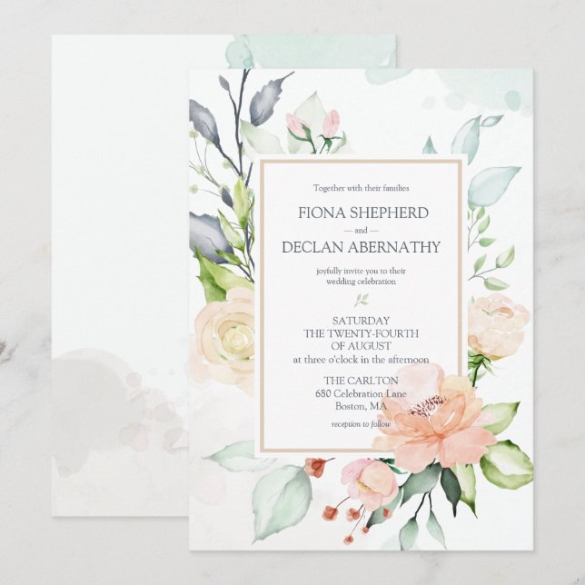 Convite Casamento Florais Românticos de Aquarela de Solstí (Frente/Verso)