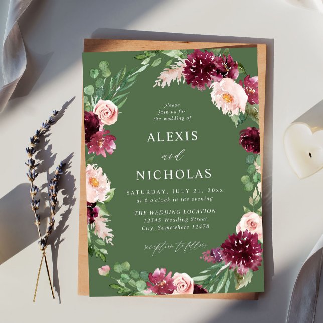 Convite Casamento Floral 7 Rosa e Borgonha - Verde (Criador carregado)
