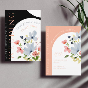 Convite Casamento Floral a Preto e Rosa de Arco Simples