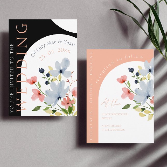 Convite Casamento Floral a Preto e Rosa de Arco Simples (Criador carregado)