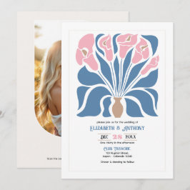 Convite Casamento Floral Abstrato Boho com Blush e Denim C