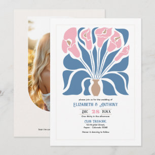 Convite Casamento Floral Abstrato Boho com Blush e Denim C