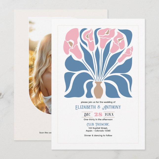 Convite Casamento Floral Abstrato Boho com Blush e Denim C (Frente/Verso)