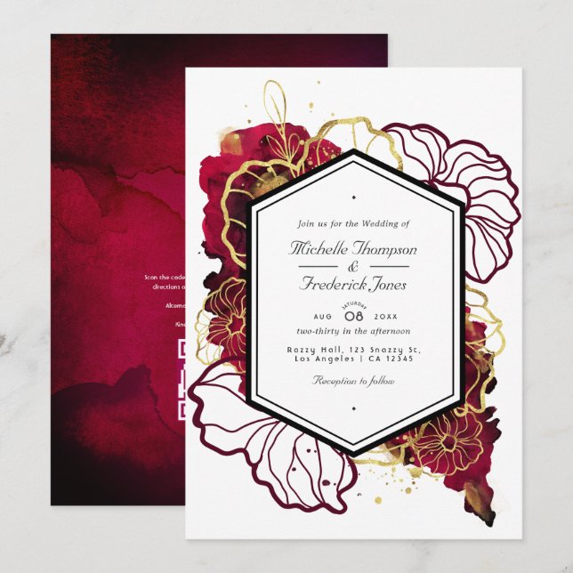 Convite Casamento Floral Abstrato em Borgonha e Dourado (Frente/Verso)