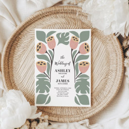 Convite Casamento Floral Abstrato Estilizado Sage e Blush