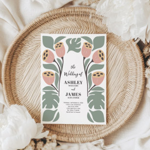 Convite Casamento Floral Abstrato Estilizado Sage e Blush