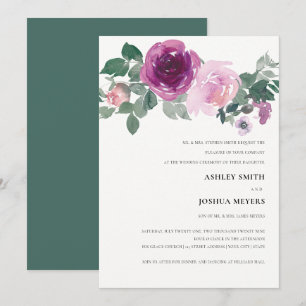 Convite Casamento Floral Aguarela Marfim com Toque Magenta