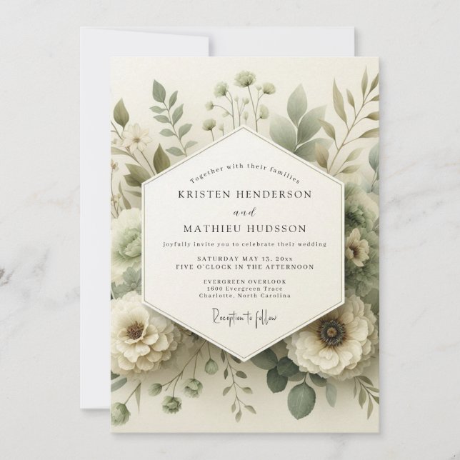 Convite Casamento Floral Aguarela Verde Sálvia (Frente)