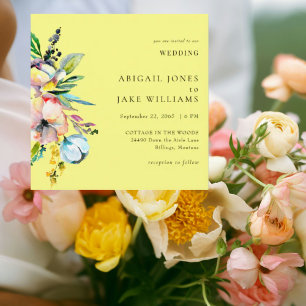 Convite Casamento Floral Amarelo Amanteigado Quadrado de V