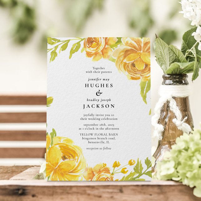 Convite Casamento Floral Amarelo Amarelo Elegante Watercol (Criador carregado)