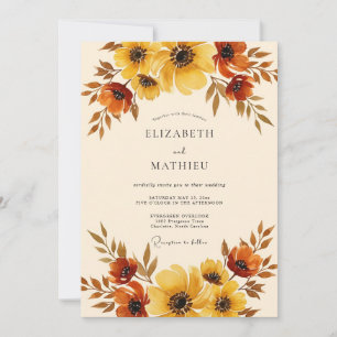 Convite Casamento Floral Amarelo Âmbar de Outono
