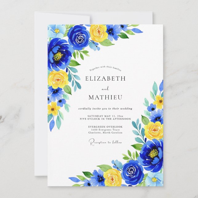 Convite Casamento Floral Amarelo Azul (Frente)
