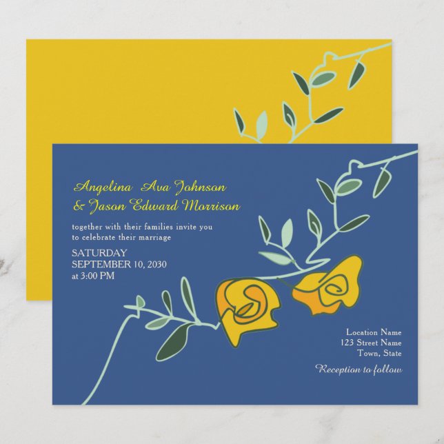 Convite Casamento Floral Amarelo Azul Boho Ousado (Frente/Verso)