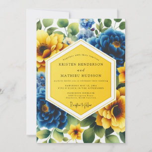 Convite Casamento Floral Amarelo Azul Caprichoso