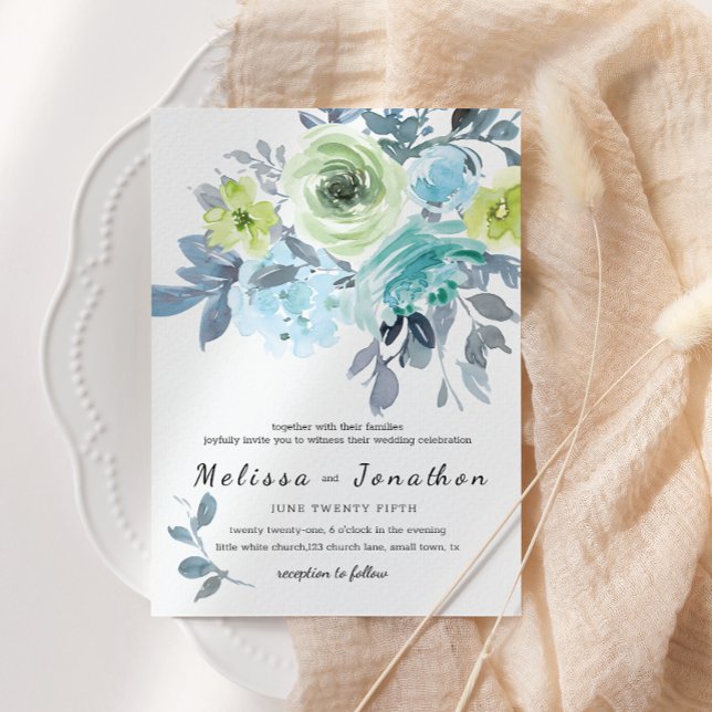 Convite Casamento Floral Amarelo Azul Claro Verde (Criador carregado)