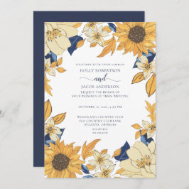 Convite Casamento Floral Amarelo Azul de Girassol Moderno
