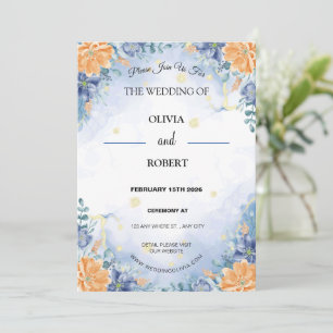 Convite Casamento Floral Amarelo Azul Minimalista Simples