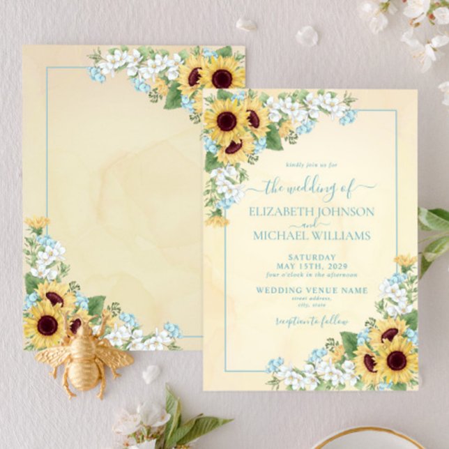 Convite Casamento Floral Amarelo-Azul Rústico (Criador carregado)