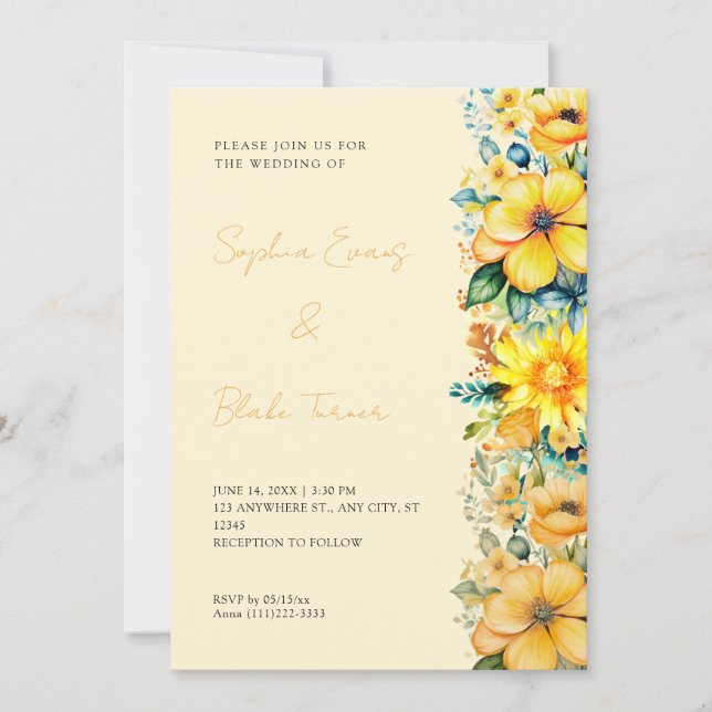 Convite Casamento Floral Amarelo Boêmio (Frente)