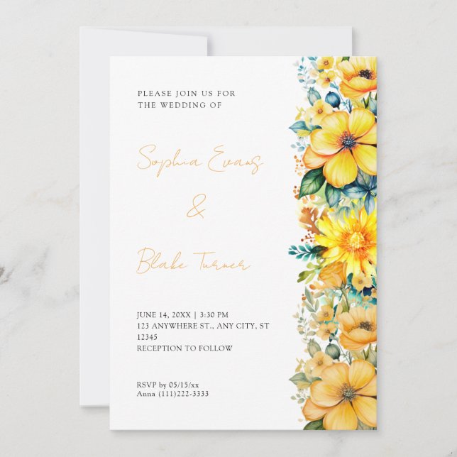 Convite Casamento Floral Amarelo Boêmio Branco (Frente)