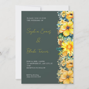 Convite Casamento Floral Amarelo Boêmio em Verde Escuro