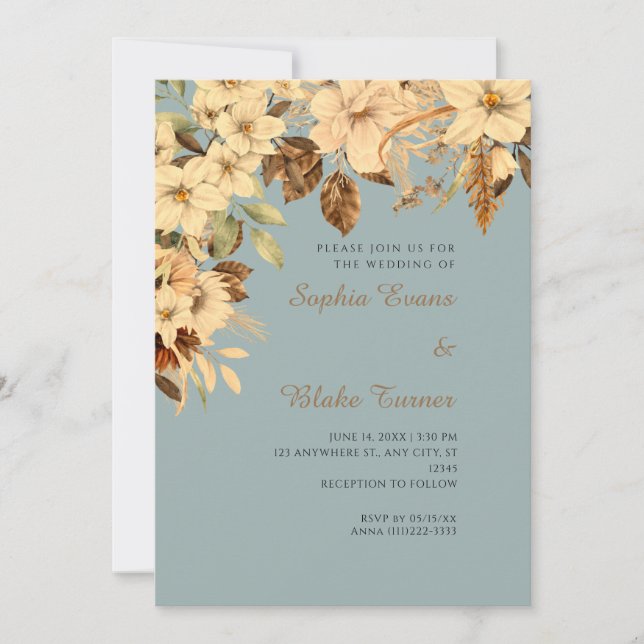 Convite Casamento Floral Amarelo Boho Outono Verde (Frente)