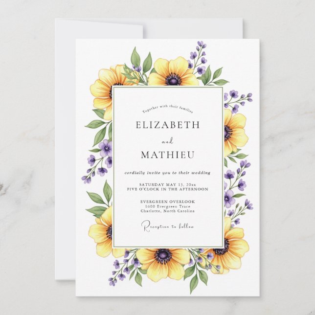 Convite Casamento Floral Amarelo de Primavera (Frente)