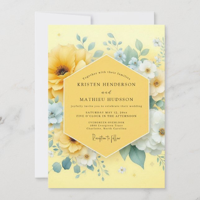 Convite Casamento Floral Amarelo Dourado (Frente)