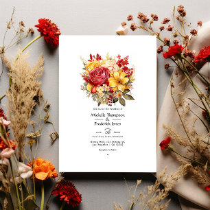 Convite Casamento Floral Amarelo Dourado e Vermelho de Bat