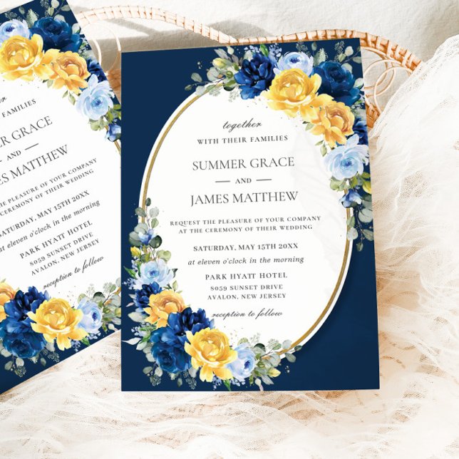Convite Casamento Floral Amarelo e Azul Encantante (Criador carregado)