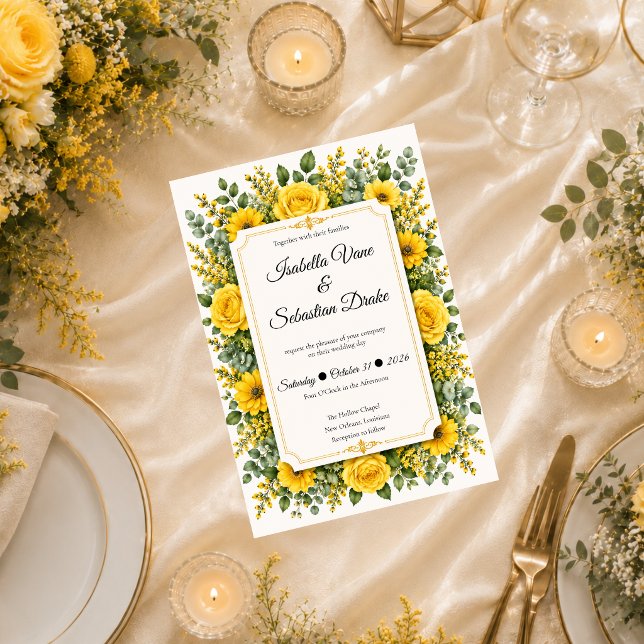 Convite Casamento Floral Amarelo Elegante (Criador carregado)