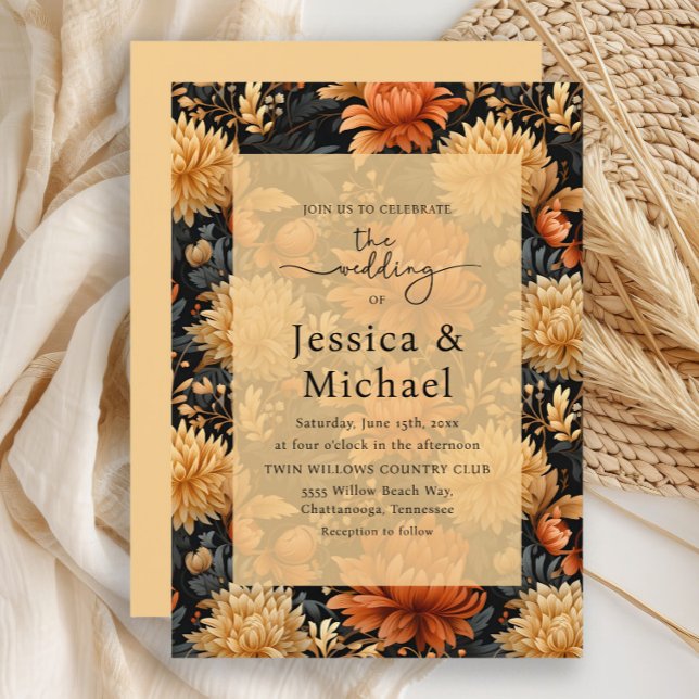 Convite Casamento Floral Amarelo Laranja Autumn (Burnt orange and yellow floral autumn wedding invitation)