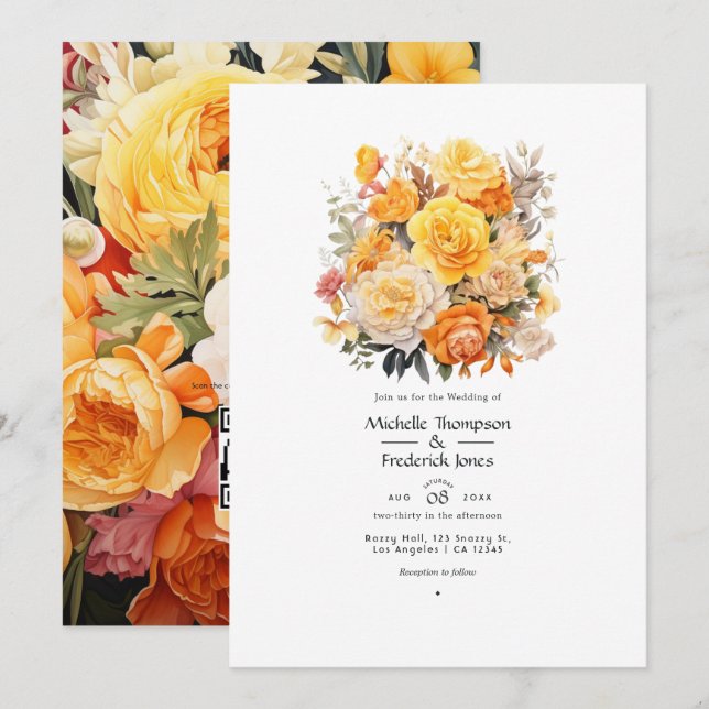 Convite Casamento Floral Amarelo, Laranja e Marfim (Frente/Verso)
