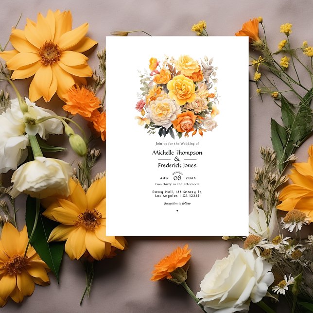 Convite Casamento Floral Amarelo, Laranja e Marfim (Criador carregado)