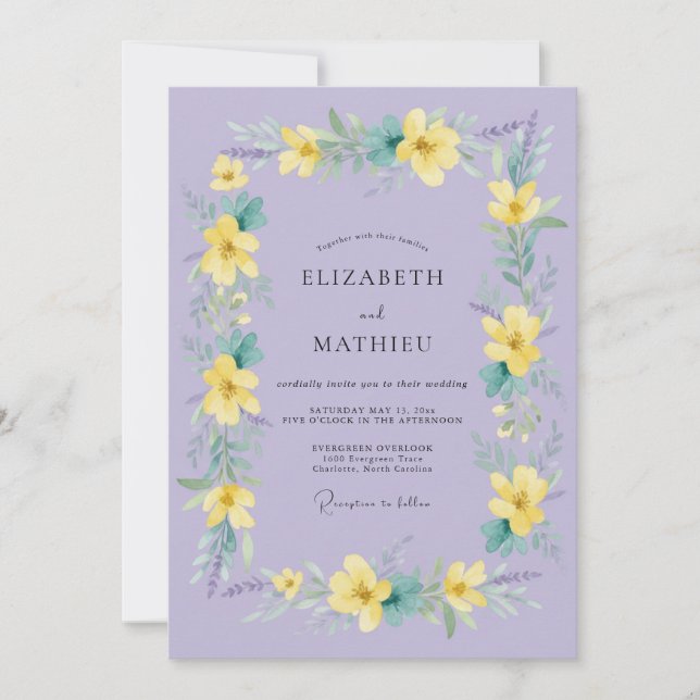 Convite Casamento Floral Amarelo Lavanda Primavera (Frente)