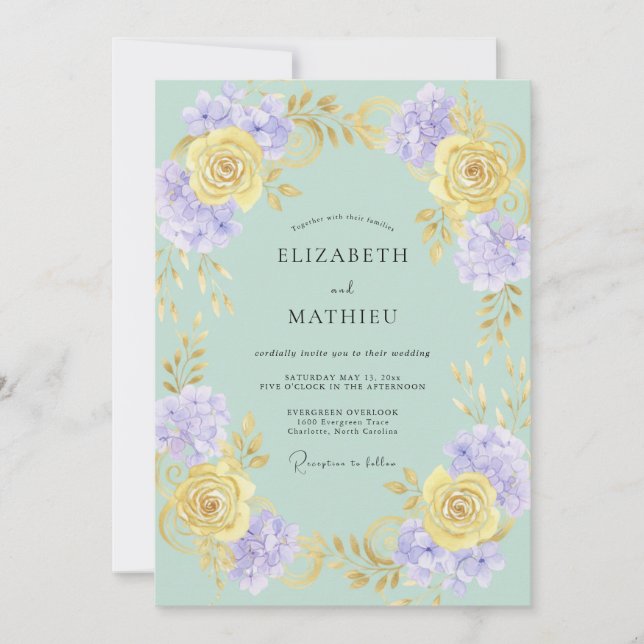 Convite Casamento Floral Amarelo Menta Romance (Frente)