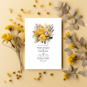 Convite Casamento Floral Amarelo Mostarda e Cinza Claro