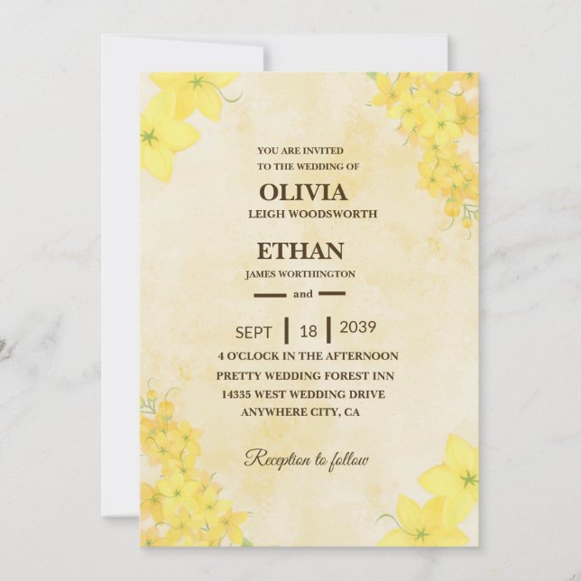 Convite Casamento floral amarelo na primavera (Frente)