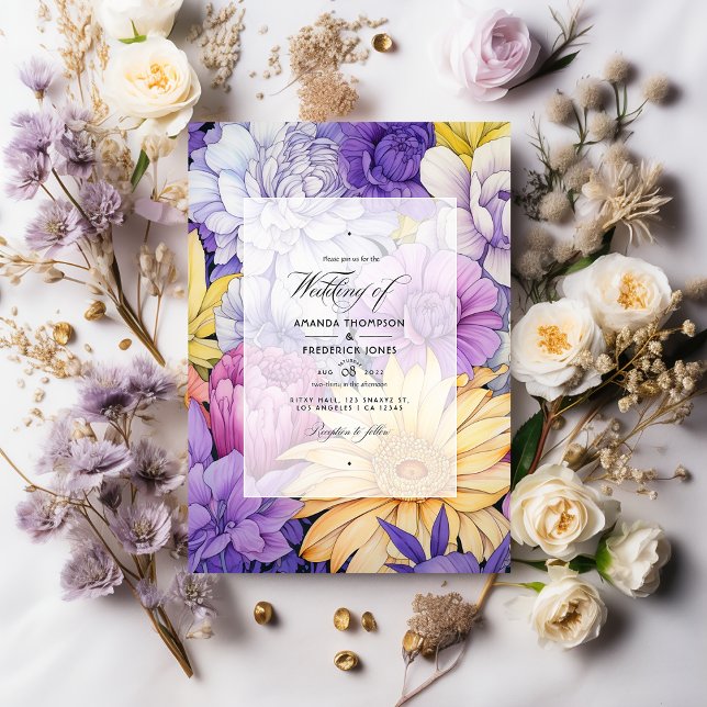 Convite Casamento Floral Amarelo-Pálido, Lavanda e Prata (Criador carregado)