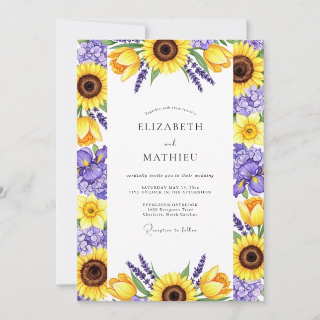 Convite Casamento Floral Amarelo Roxo (Frente)
