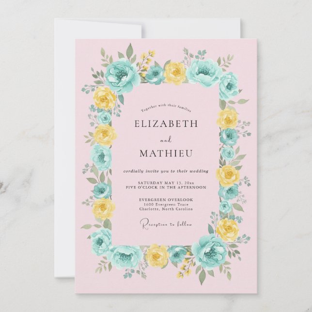 Convite Casamento Floral Amarelo Turquesa (Frente)