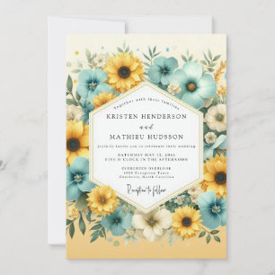 Convite Casamento Floral Amarelo Turquesa
