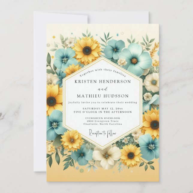 Convite Casamento Floral Amarelo Turquesa (Frente)