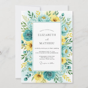 Convite Casamento Floral Amarelo Turquesa