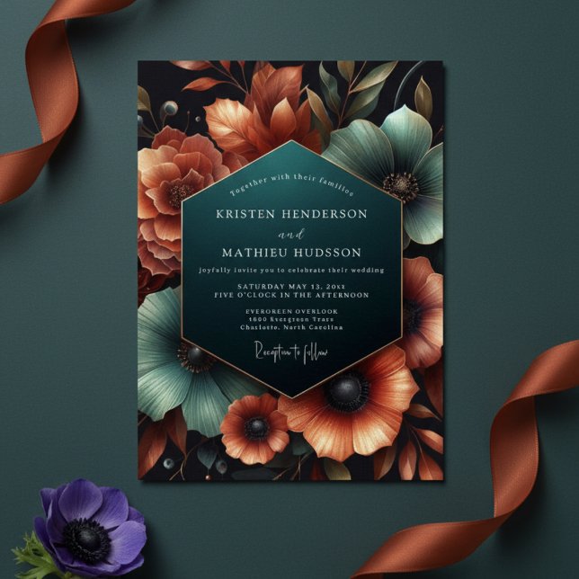 Convite Casamento Floral Âmbar Turquesa Temperamental (Criador carregado)