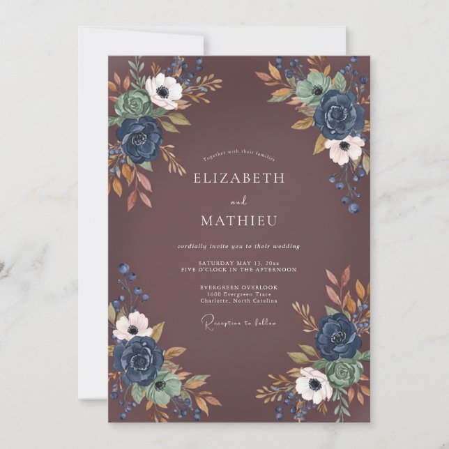 Convite Casamento Floral Ameixa Dourada Marinho (Frente)