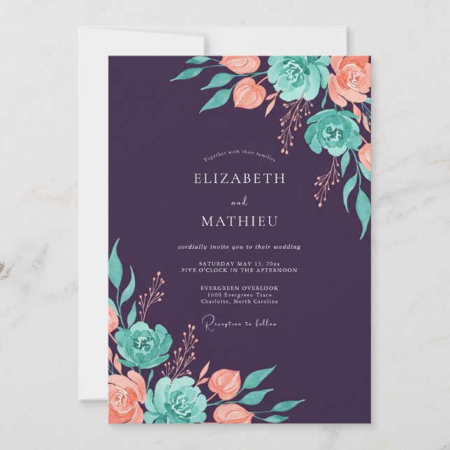 Convite Casamento Floral Ameixa Pêssego Turquesa (Frente)