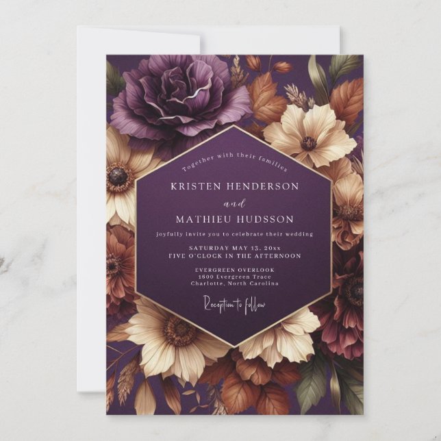 Convite Casamento Floral Ameixa Sombrio (Frente)