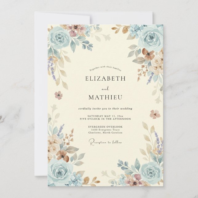 Convite Casamento Floral Antigo Azul Claro (Frente)