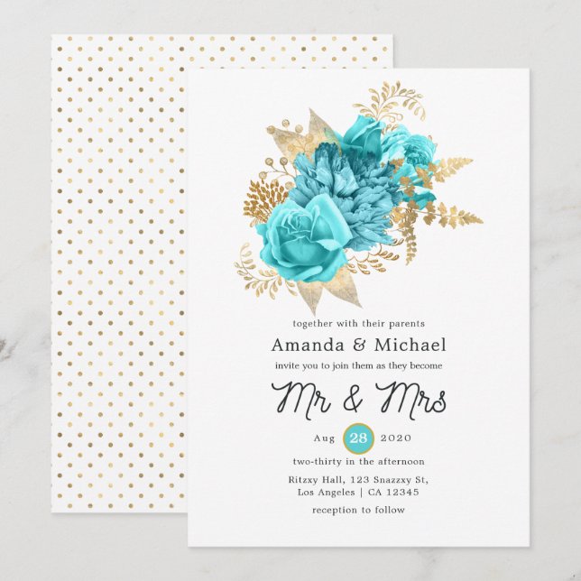 Convite Casamento Floral Aqua e Dourado (Frente/Verso)